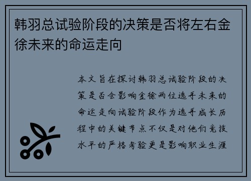 韩羽总试验阶段的决策是否将左右金徐未来的命运走向